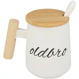 Кухоль керамічний OldBro для старого друга з дерев'яною ручкою кришкою та ложкою 480 мл white