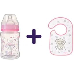 Набор: Бутылочка для кормления BabyOno, 240 мл, розовый (403) + Слюнявчик-нагрудник махровый BabyOno Flavour Explorer Слон, розовый (832)