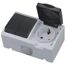 Розетка Horoz Electric Atom, 1-на накладна із заземленням, з кришкою, з 2-м вимикачем, чорно-сіра