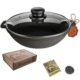 Жаровня Наша мастерская чугунная литая со стеклянной крышкой 24х6 см (Т102С3)