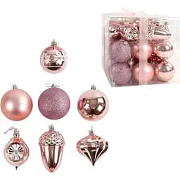 Набор новогодних украшений 30 игрушек на елку с рисунками и глитером, розового цвета (160818)