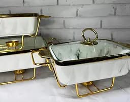 Набір з 3-х мармітів керамічних прямокутних Kitchen з кришкамискла Біло Золотий - мініатюра 2