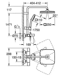 Душова система настінного монтажу з термостатом для ванни Grohe Tempesta System 250 Cube 266912431, Чорний матовий - мініатюра 6