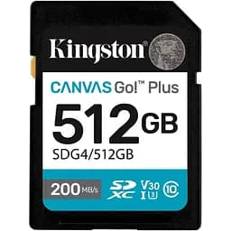 Карта памяти Kingston SDXC, 512Gb Canvas Go! Plus, Сlass10 UHS-I U3 V30, до 200/160 МБ/с (SDG4/512GB)
