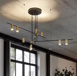 Линейная подвесная люстра на 9 плафонов-спотов цвета латунь Line.F MD 8021-9 BK+GD