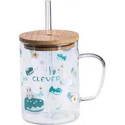 Чашка TS Kitchen стеклянная детская с принтом и бамбуковой крышкой зеленая 500 мл HP7214D