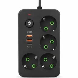 Мережевий фільтр-подовжувач 4 розетки 2xUSB-A 1xUSB-C 3м чорний подовжувач електричний живлення зарядка Yiwu HP-5-46