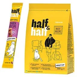Набір Half & Half для дорослих котів: корм сухий з яловичиною 300 г + ласощі м'ясні палички із качкою 5 г