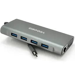 Хаб-конвертер Veggieg TC11-S Type-C (папа) на Type-C (мама) + USB 3.0 * 3 (мама) + HDMI (мама) + jack 3.5 (мама) + SD/TF + RJ45, 10 см, серебристый, в коробке