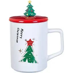 Кружка R33367-3 Новорічний калейдоскоп кераміка з кришкою і ложкою 360 мл Біла