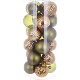 Набір ялинкових куль Мокко і хакі діаметром 6 см 24 шт рельєфний перламутр матові і глітер