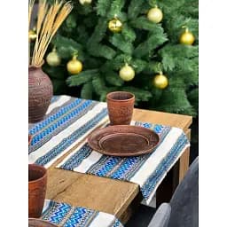 Комплект Ранер 140х30 см + салфетки 30х40 см 3 шт Рождественский льняной с украинским орнаментом Рандеву синий