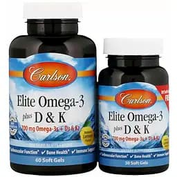 Омега-3 Плюс витамины Д3 и К Carlson Elite Omega-3 Plus D & K 60+30 гелевых капсул