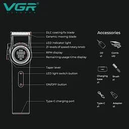 Машинка для стрижки VGR V-001 GGB (10 насадок) 4600 mAh LED дисплей Чорний - мініатюра 4