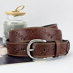 Ремень кожаный женский с цветами коричневый батал SF-3531 (145 см)