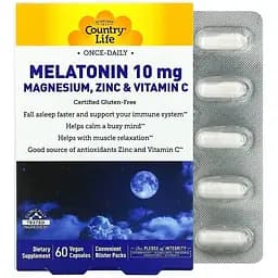 Мелатонін Country Life Magnesium, Zinc & Vitamin C 60 веганських капсул