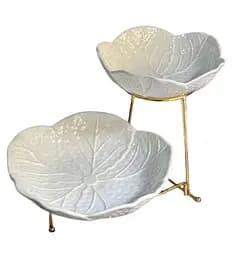 Двухъярусная фруктовница керамическая на металлической подставке 20x25 см Белый