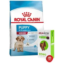 Сухой корм Royal Canin Medium Puppy для щенков средних пород, с мясом птицы и кукурузой, 15 кг + Жевательная таблетка Bravecto от блох и клещей для собак с весом от 10 до 20 кг