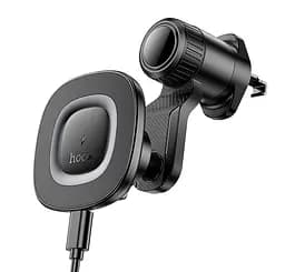 Автотримач для телефона HOCO HW30 Crown magnetic wireless charging car holder (air outlet) Black Metal Gray