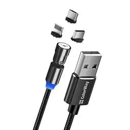 Кабель USB AM - Type-C/Lightning/microUSB, 1 м, черный, ColorWay, 2.4A, сменные магнитные коннекторы, ротация на 540°, Braided