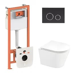 Набор: Qtap Scorpio Ultra Quiet унитаз подвесной QT1433053EUQW + Nest комплект инсталляции 4в1 (круглая клавиша Black mat) QT0133M425 + M11V1146MB