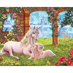 Картина Алмазна мозаїка зі стразами на підрамнику На казковій галявині 40*50 см, з принт. рамою єдинороги