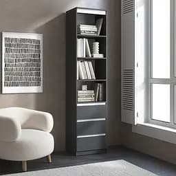 Пенал для книг Vays R-25 Антрацит-Белые планки, с открытыми полками и ящиками, без ручек, ЛДСП, 50×40×211 см - для гостиной, спальни