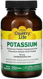 Калій цитрат Country Life Potassium 99 mg, 250 таблеток для підтримка нервів та м'язів