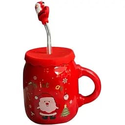 Чашка новогодняя Olens 102-1082-1 Санта керамика с крышкой и трубочкой 460 мл Красная