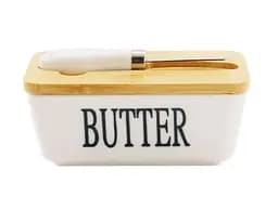 Масленка с ножом и бамбуковой крышкой фарфоровая Interos белая (PJ03629)