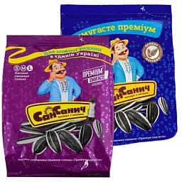 Набор семян подсолнечника Сан Санич Премиум: полосатые жареные + полосатые жареные соленые 190 г (2 шт. х 95 г)