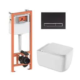 Подвесной унитаз Qtap Gemini Ultra Quiet + инсталляция Qtap Nest 4 в 1 (линейная клавиша Black mat), Белый