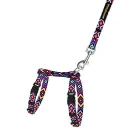 Шлея для котів та собак дрібних порід BronzeDog Urban Гуцульська з нашивкою та повідцем XS 18-27 см фіолетова