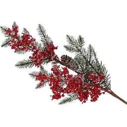 Декоративная ветка 64 см Искусственные материалы для декора из хвои и красных ягод с шишкой