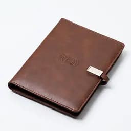 Шкіряний коричневий бізнес щоденник-органайзер з бездротовою зарядкою з вбудованим Powerbank і флешкою з ручкою в коробці із якісного картону