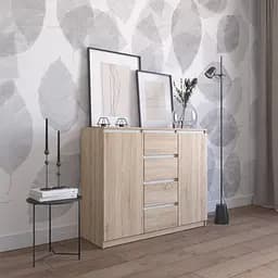 Комод Vays R-11 Дуб Сонома-Белые планки, 4 ящика и 2 отделения с полками, без ручек, ЛДСП, 120×40×98 см - для спальни, гостиной