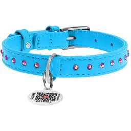 Ошейник для собак Waudog Glamour, кожаный, со стразами, с QR паспортом, M, 27-36х1,5 см, голубой