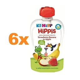 Набір органічних фруктових пюре HiPP HiPPiS Pouch Яблуко-полуниця-банан, 600 г (6 упаковок по 100 г) - мініатюра 2