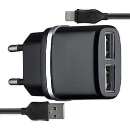 Сетевое зарядное устройство Hoco C12 Smart dual USB charger set with Lightning cable ( EU ) 2USB 2.4A Черный