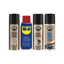 Набір технічних аерозолів для авто 4 в 1 WD-40 + K2: мастило, очищувач контактів, очищувач гальм, силіконове мастило