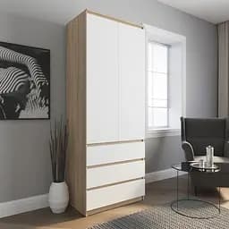 Шафа для одягу Vays R-9 Дуб Сонома-Білий фасад, 3 шухляди, штанга, без ручок, ЛДСП, 80×50×211 см – для спальні, вітальні, передпокою