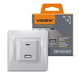 Розетка Videx Binera USB-A + USB-C PD20W срібний шовк (VF-BNCHRUC20-SS)
