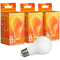 Набор светодиодных ламп Евросвет 8 Вт 4200 К A-8-4200-27 Е 27, 3 шт. (58956)