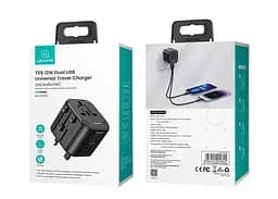 МЗП USAMS US-CC173 T55 12W Dual USB Universal Travel Charger (US/AU/EU/UK) Black - мініатюра 2