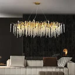 Подовжена вишукана золота люстра з кришталевими підвісками в корпусі 150 см Арт. 33001-L1500*400 GD Line F