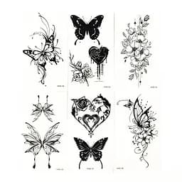 Набір тимчасових тату Метелики та квіти №2 black-tattoo-mini-set-f02 із 6 чорних по 9,5 х 5,5 см