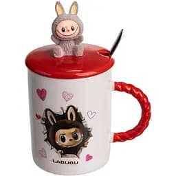Чашка порцелянова Yiwu Labubu 300 мл з кришкою і ложкою червоний Yiwu FM-35D