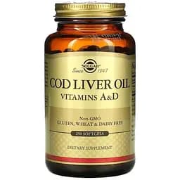Масло печінки тріски з вітамінами A і D Solgar Cod Liver Oil & Vitamins A & D 250 капсул