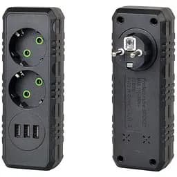 Розетка двійник із заземленням Voltronic F-102 Black, 2 розетки+3USB (1А), 2500W, 10A, 110-250V