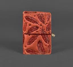 Женский кожаный кард-кейс 7.0 коралловый с перьями.